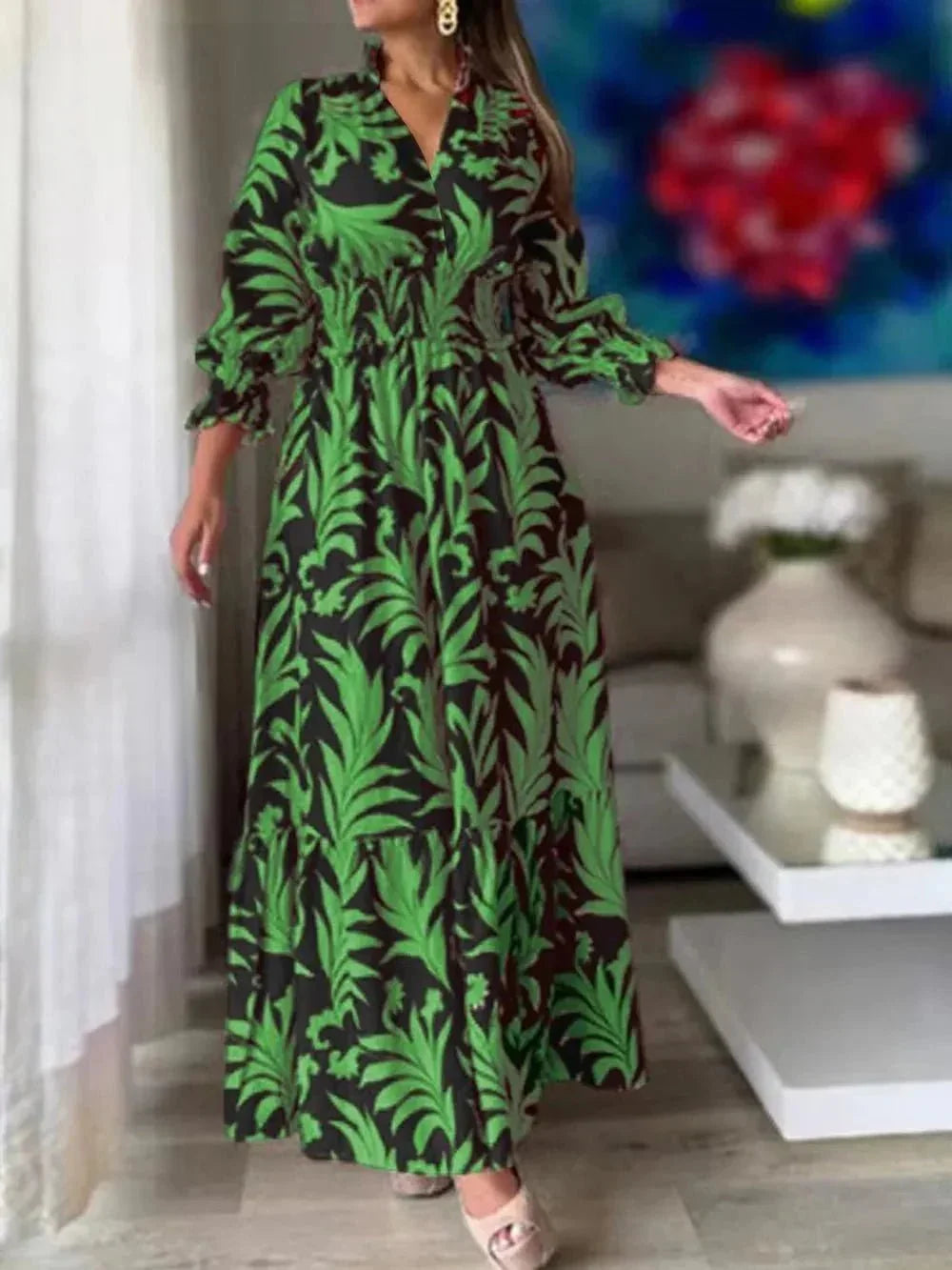 Printed Flounce Sleeve Maxi Dress - VILLA FASHION